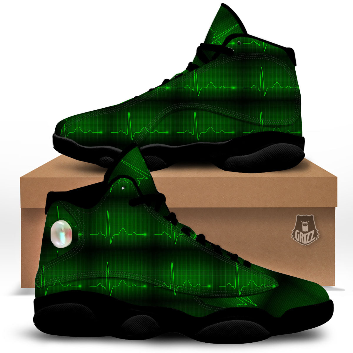 Heartbeat Green Print Pattern Black Basketball Shoes-grizzshop