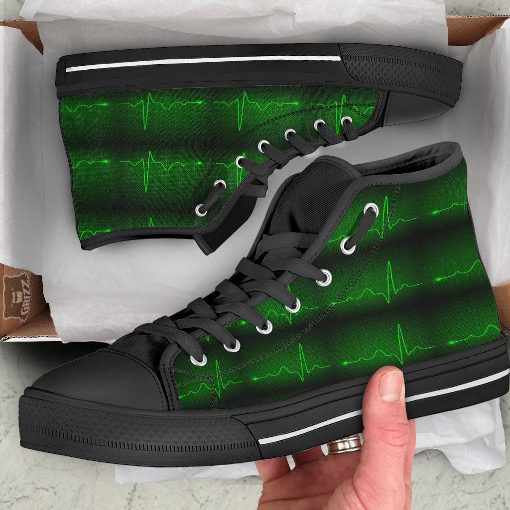 Heartbeat Green Print Pattern Black High Top Shoes-grizzshop