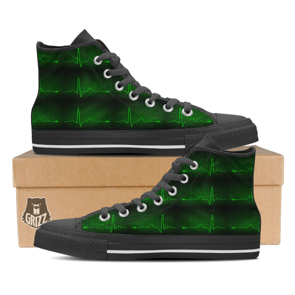 Heartbeat Green Print Pattern Black High Top Shoes-grizzshop