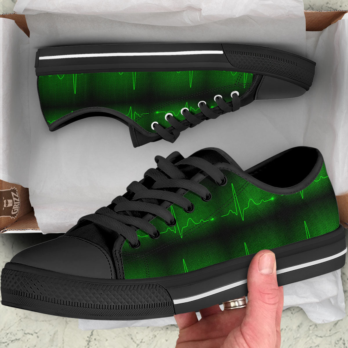 Heartbeat Green Print Pattern Black Low Top Shoes-grizzshop