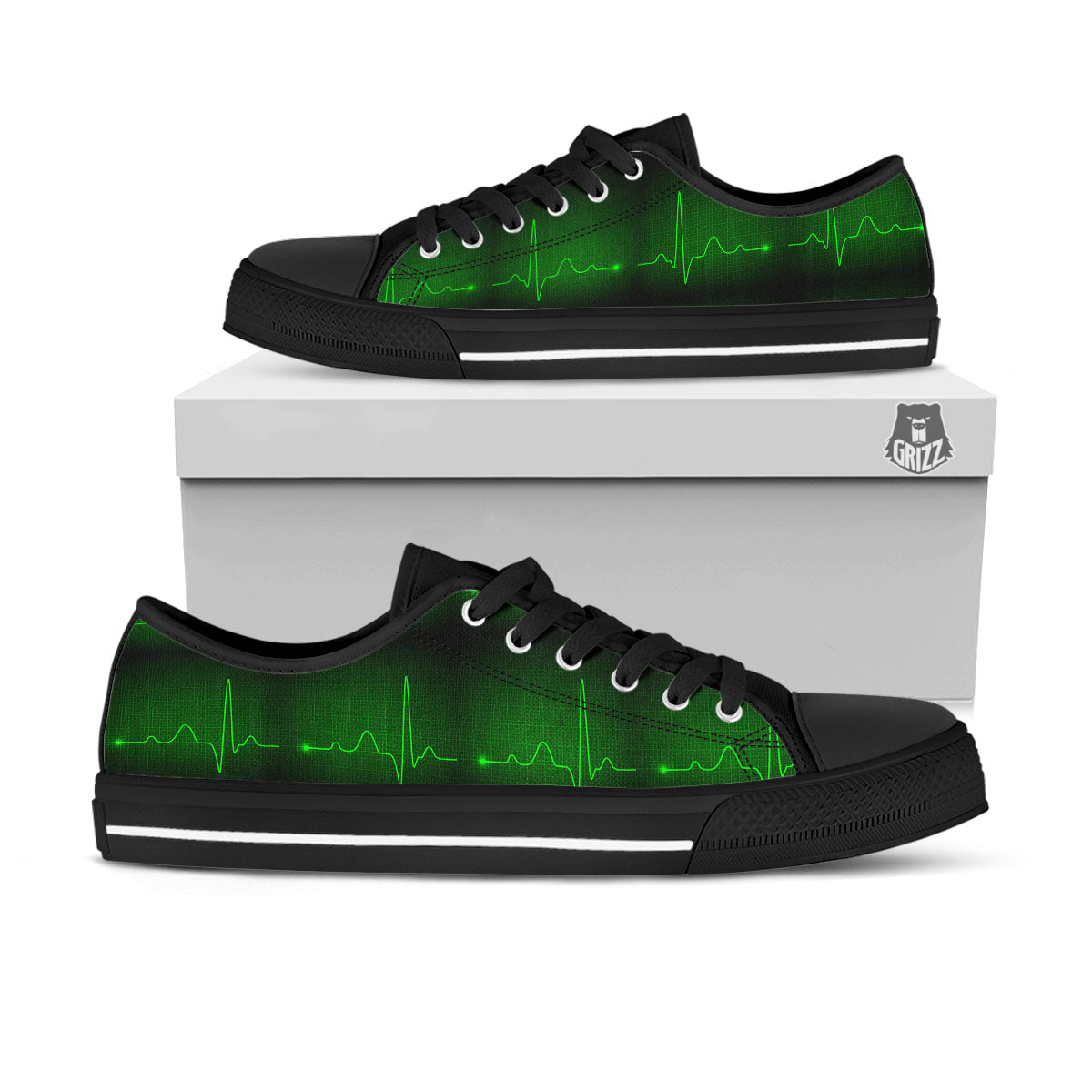 Heartbeat Green Print Pattern Black Low Top Shoes-grizzshop
