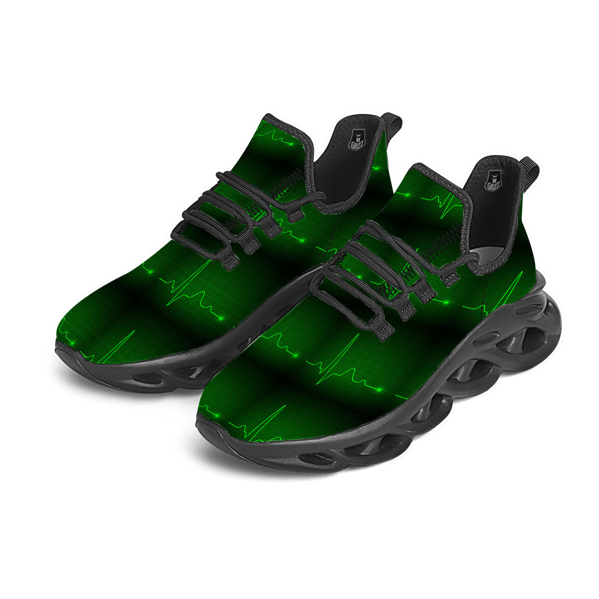 Heartbeat Green Print Pattern Black Running Shoes-grizzshop