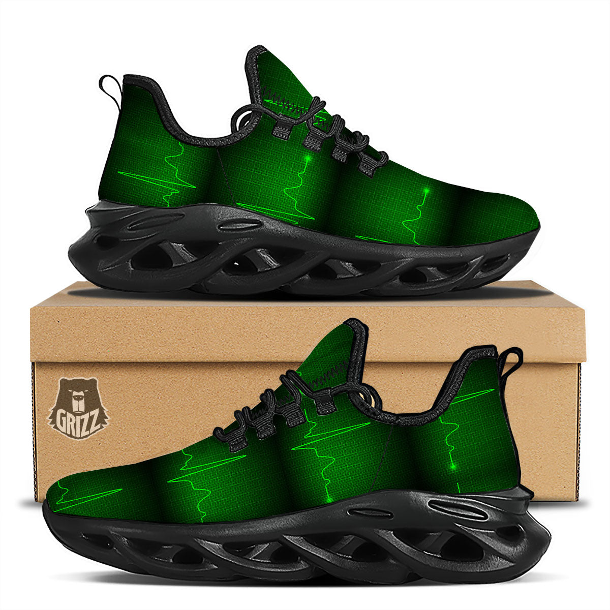 Heartbeat Green Print Pattern Black Running Shoes-grizzshop