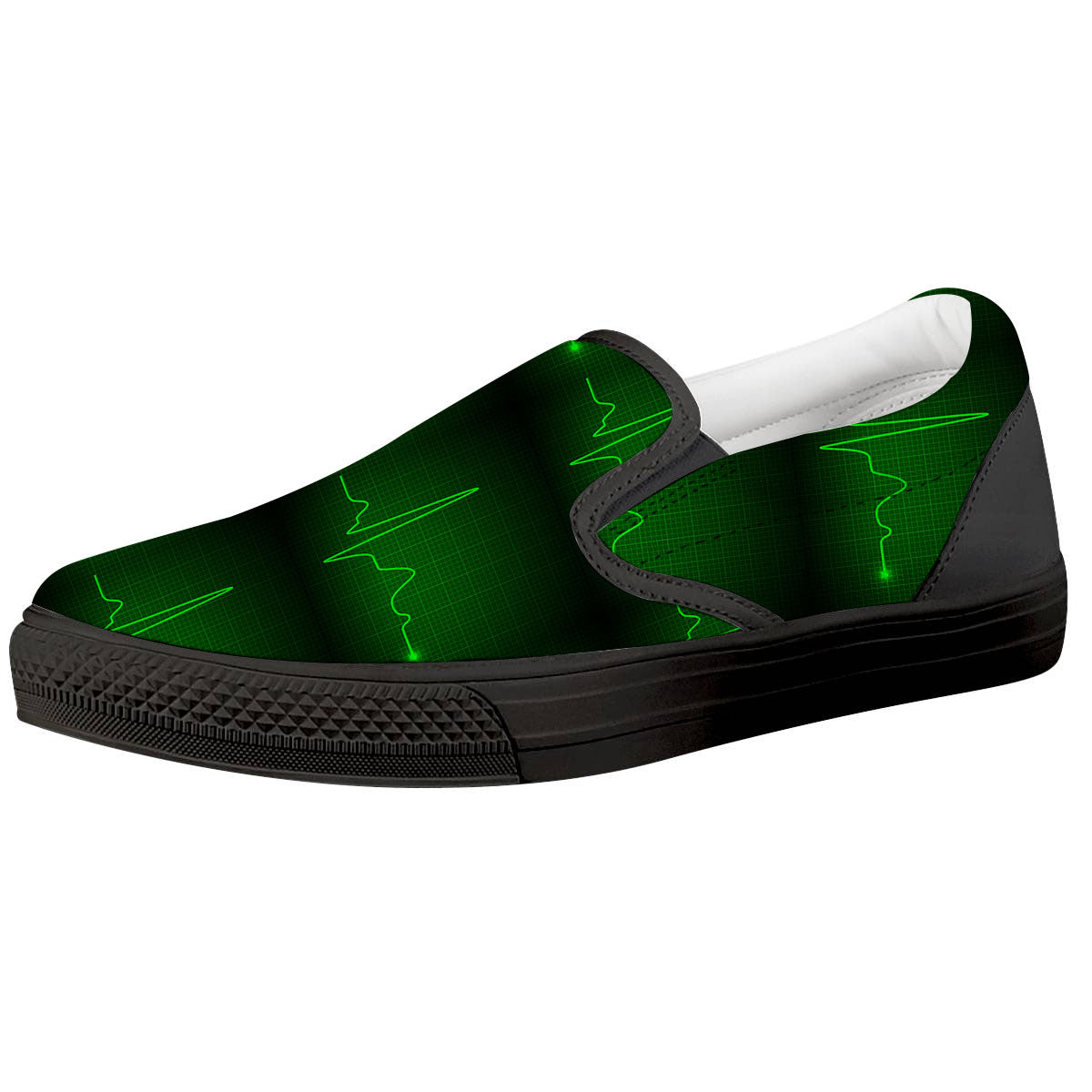 Heartbeat Green Print Pattern Black Slip On Shoes-grizzshop