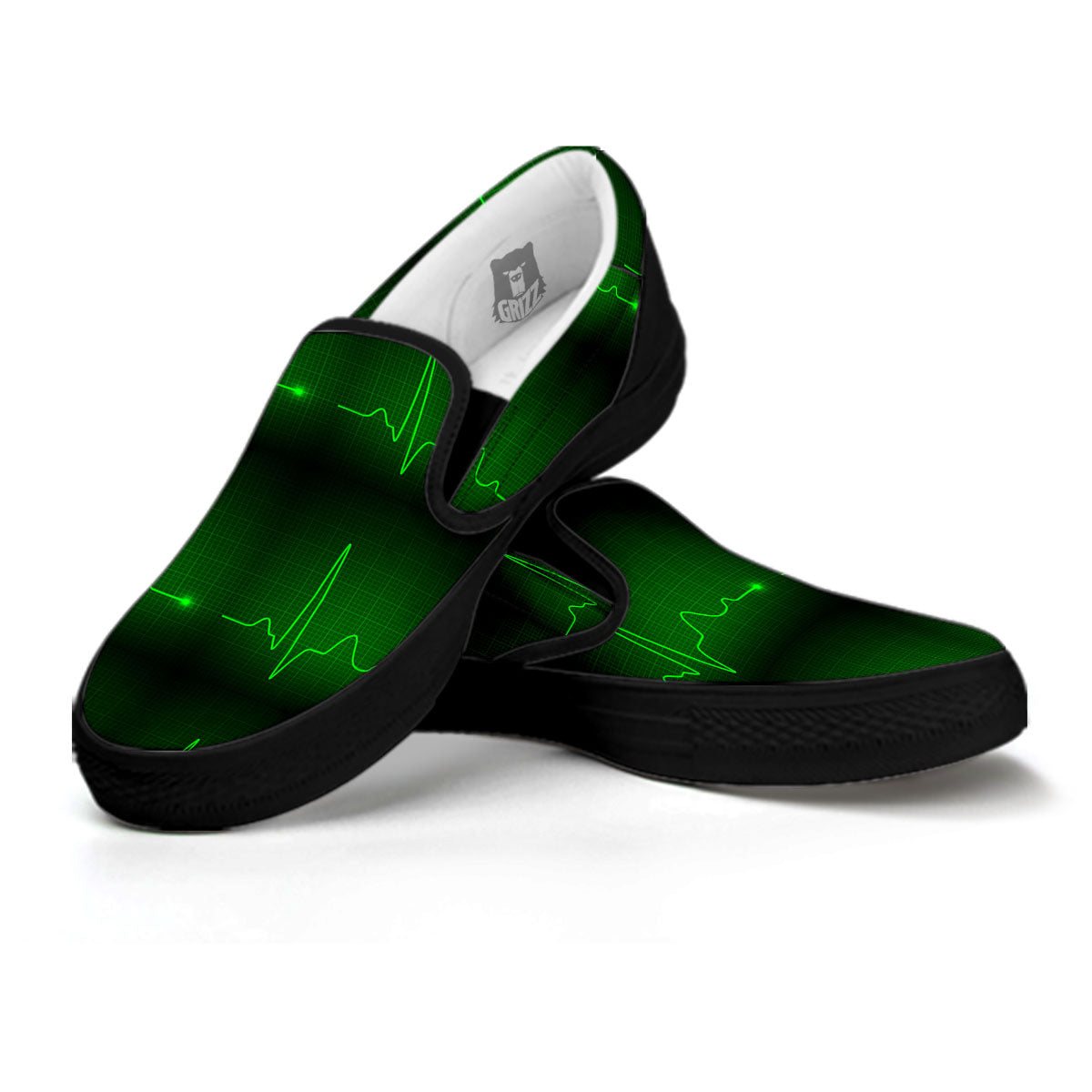 Heartbeat Green Print Pattern Black Slip On Shoes-grizzshop
