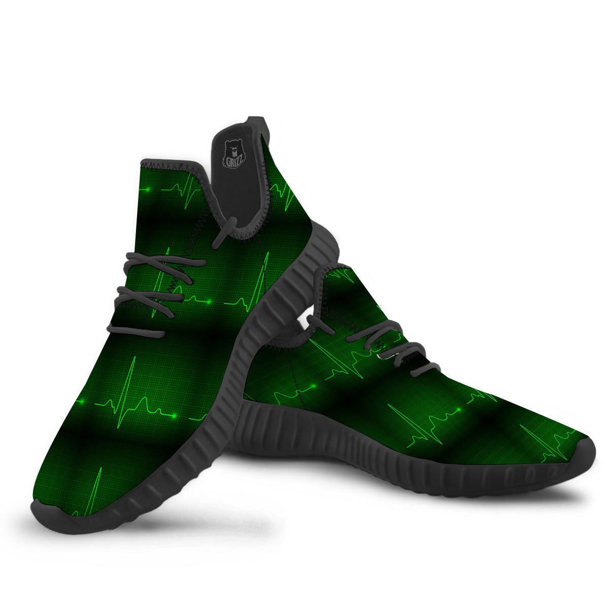 Heartbeat Green Print Pattern Black Walking Shoes-grizzshop