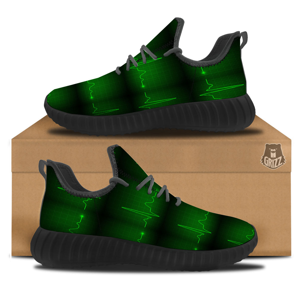 Heartbeat Green Print Pattern Black Walking Shoes-grizzshop