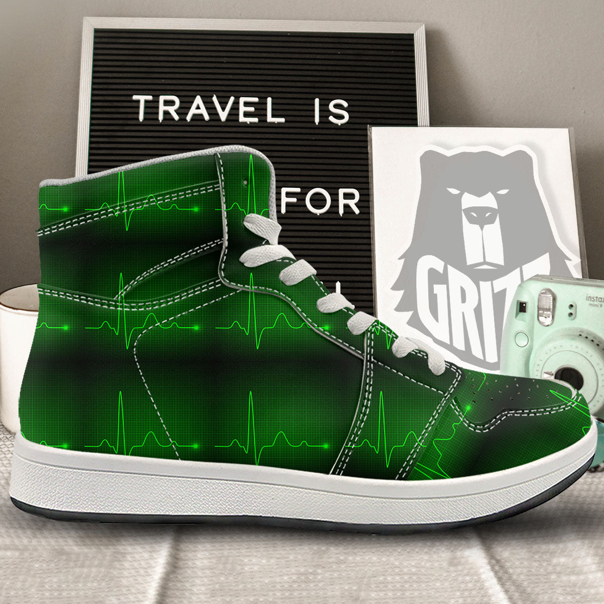 Heartbeat Green Print Pattern High Top Sneakers-grizzshop