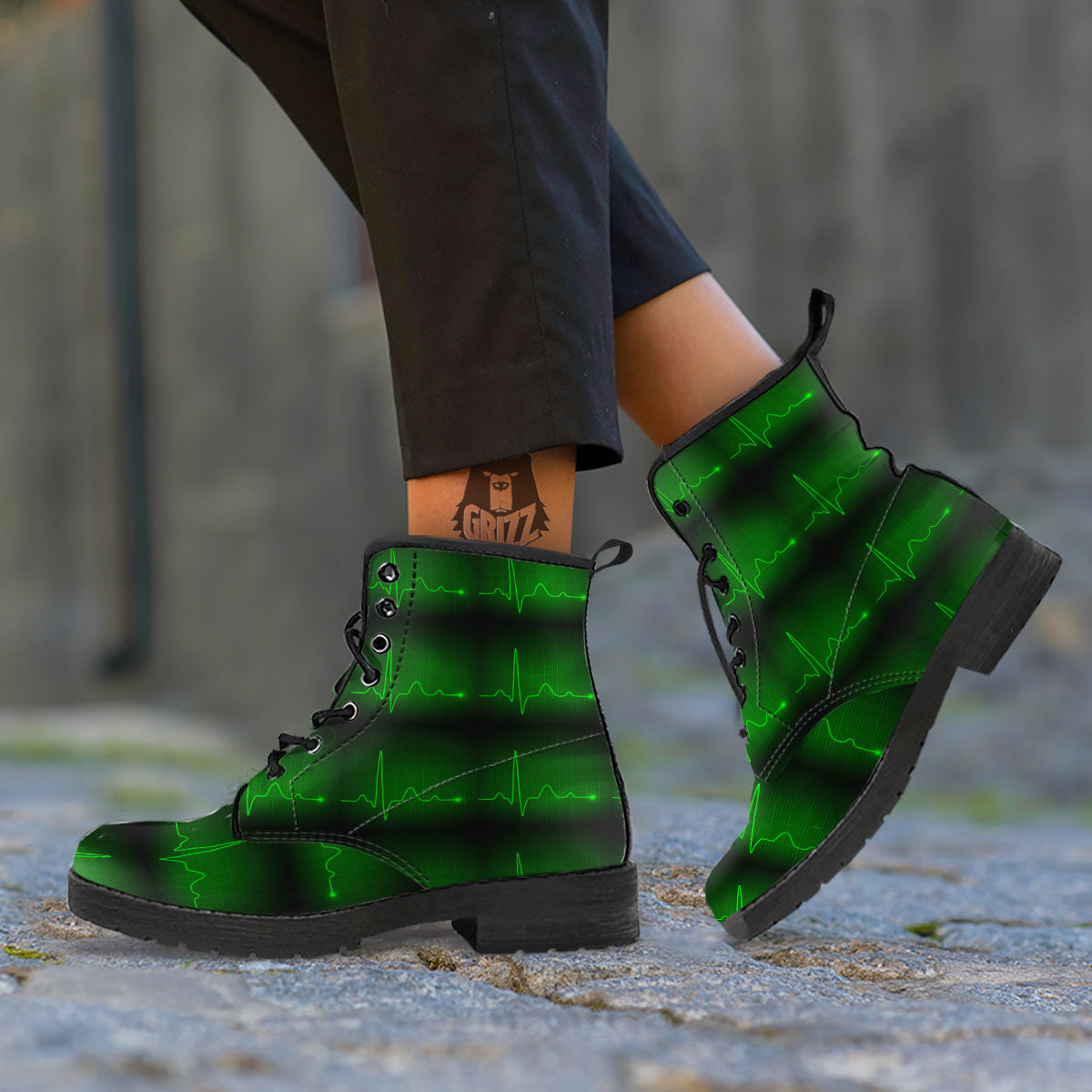 Heartbeat Green Print Pattern Leather Boots-grizzshop