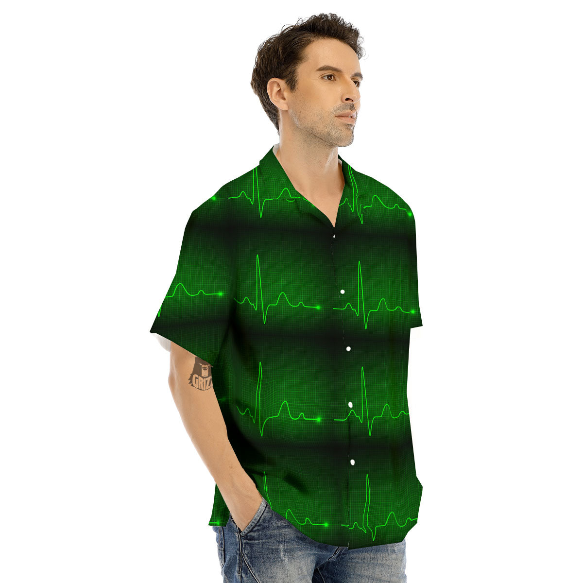 Heartbeat Green Print Pattern Men's Hawaiian Shirt-grizzshop