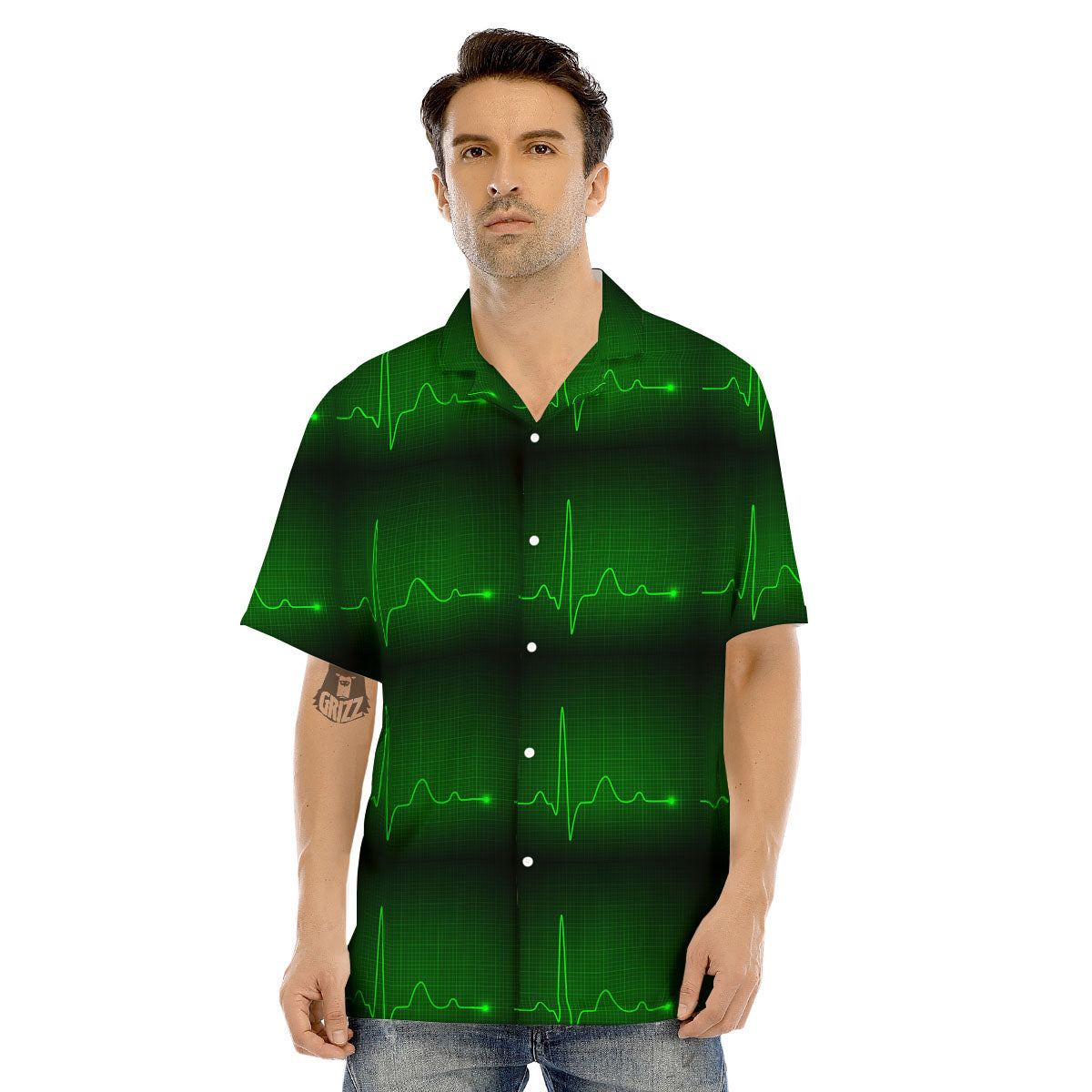 Heartbeat Green Print Pattern Men's Hawaiian Shirt-grizzshop