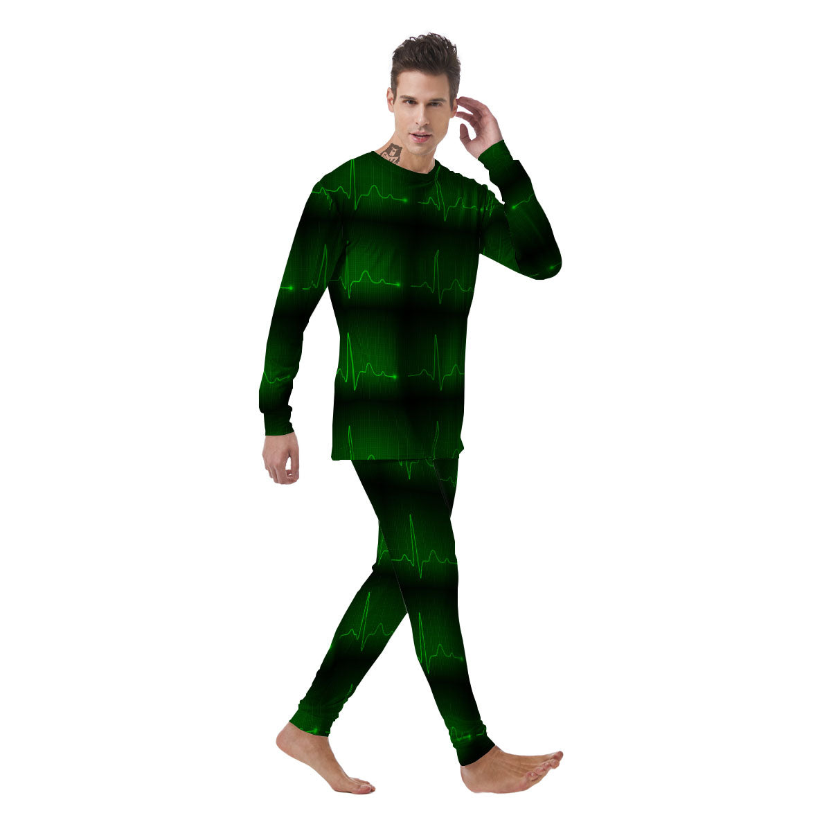 Heartbeat Green Print Pattern Men's Pajamas-grizzshop