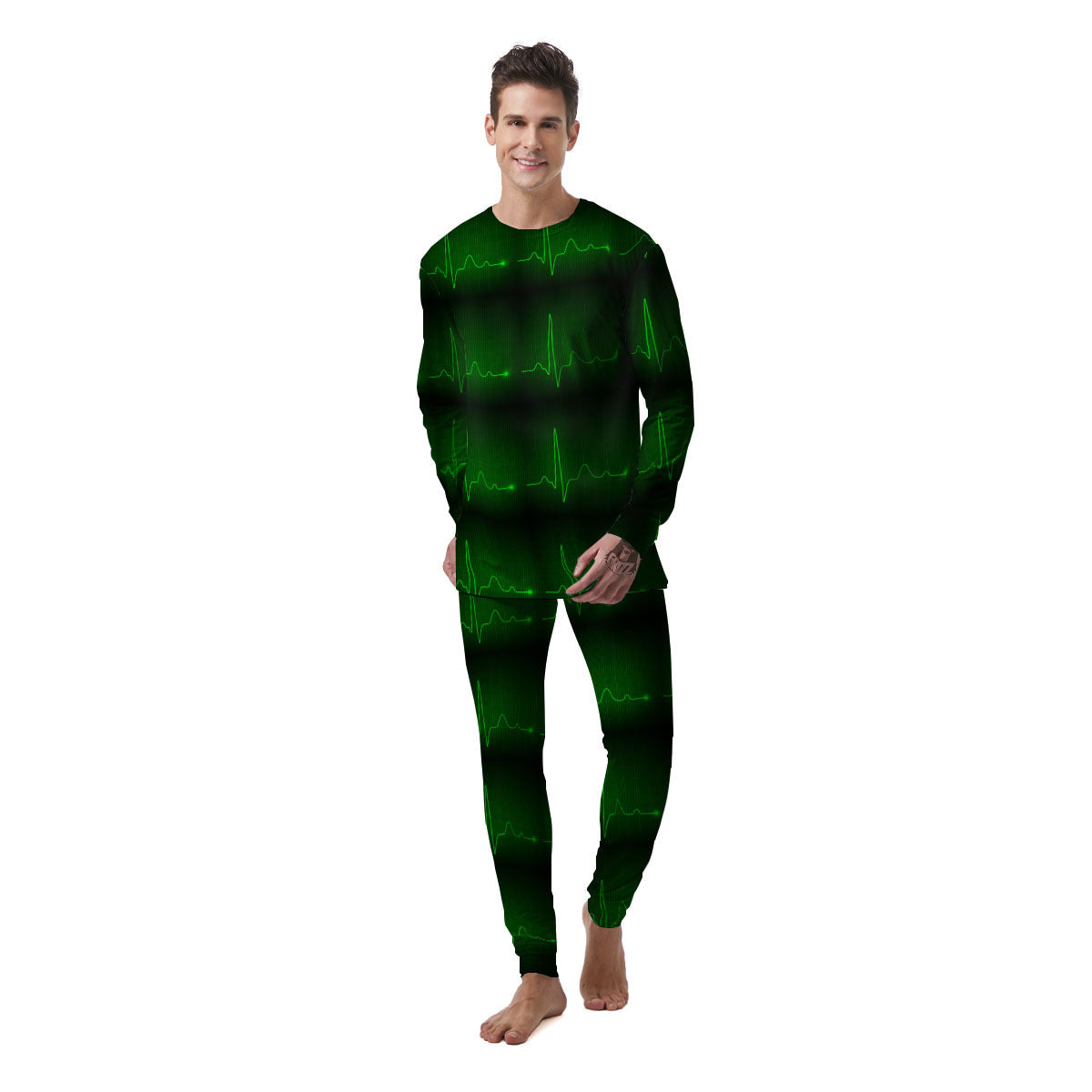 Heartbeat Green Print Pattern Men's Pajamas-grizzshop