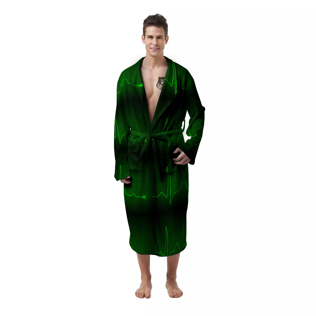 Heartbeat Green Print Pattern Men's Robe-grizzshop