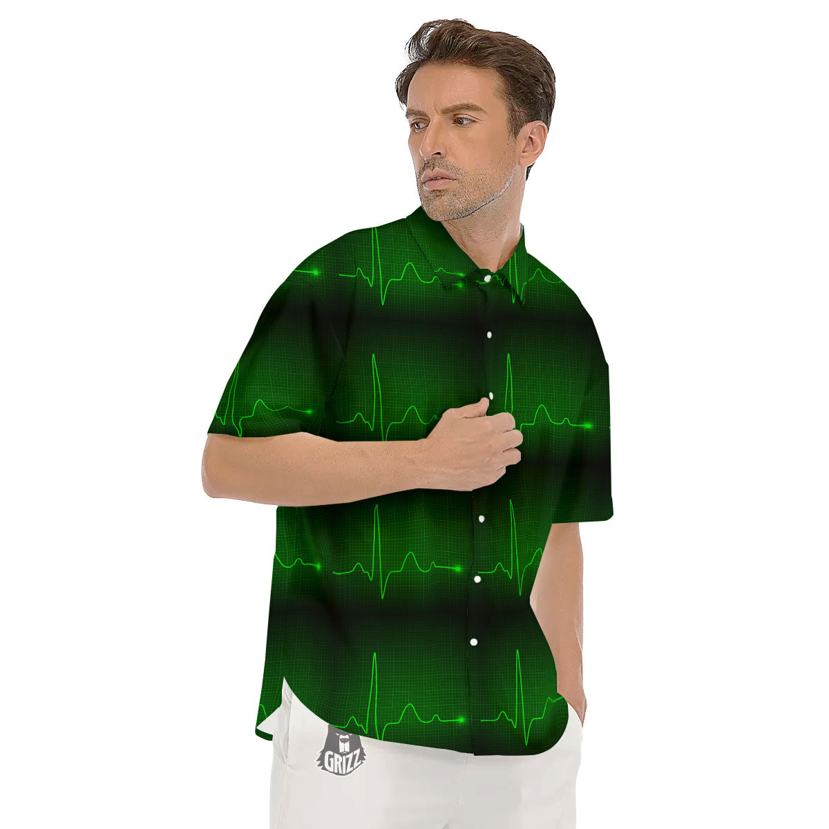 Heartbeat Green Print Pattern Men's Short Sleeve Shirts-grizzshop