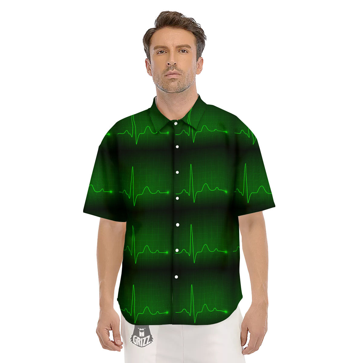 Heartbeat Green Print Pattern Men's Short Sleeve Shirts-grizzshop