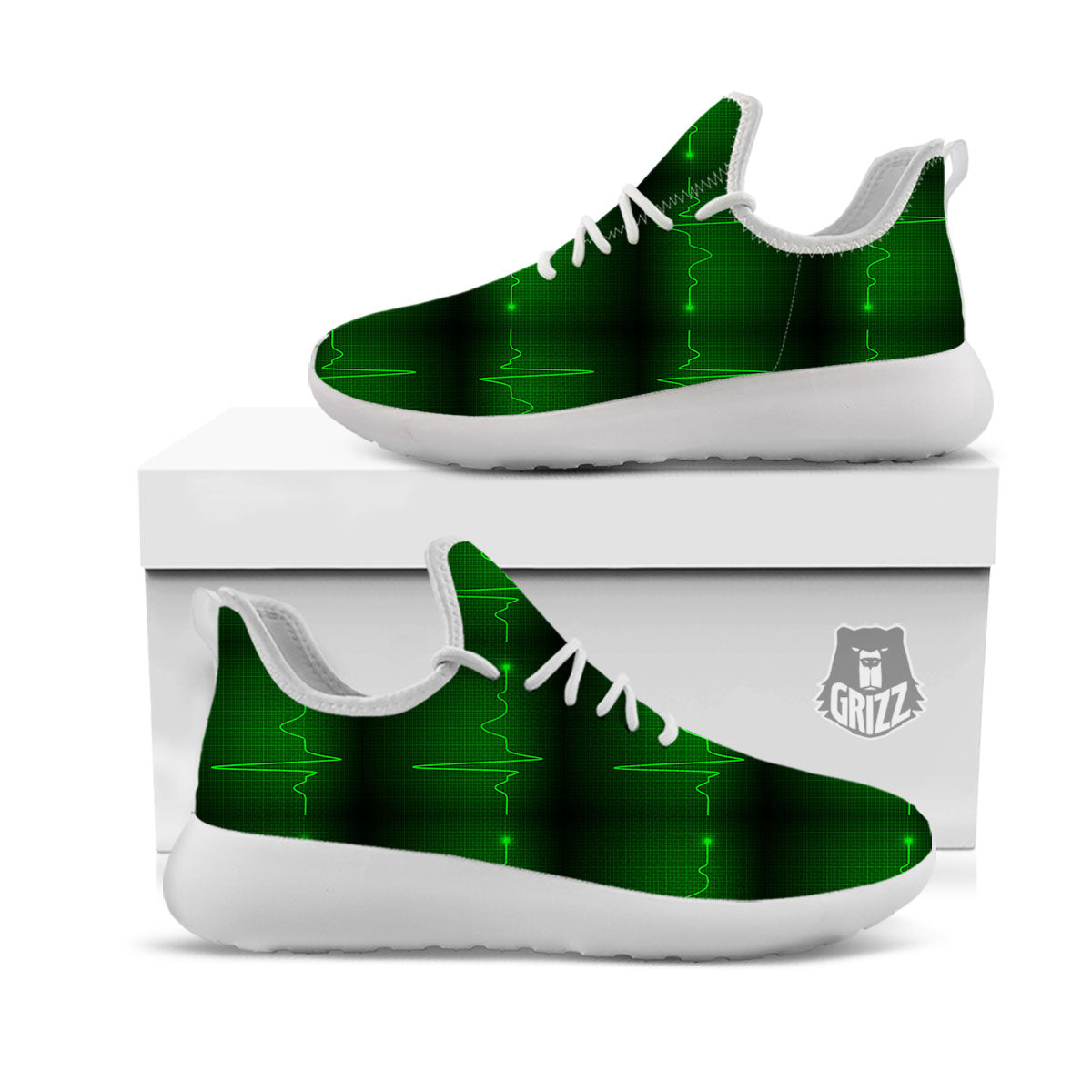 Heartbeat Green Print Pattern White Athletic Shoes-grizzshop