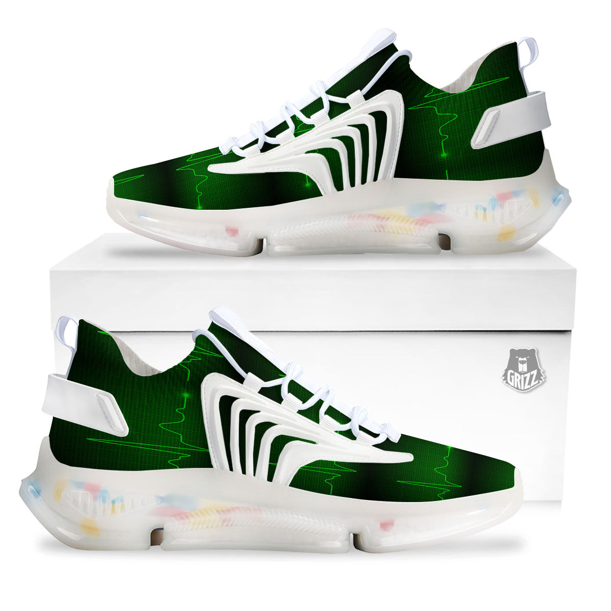 Heartbeat Green Print Pattern White Gym Shoes-grizzshop