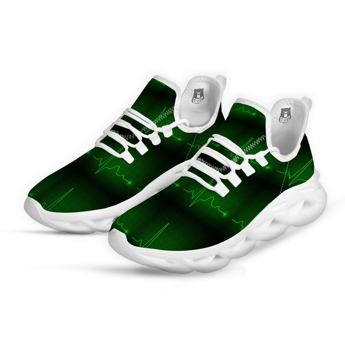 Heartbeat Green Print Pattern White Running Shoes-grizzshop