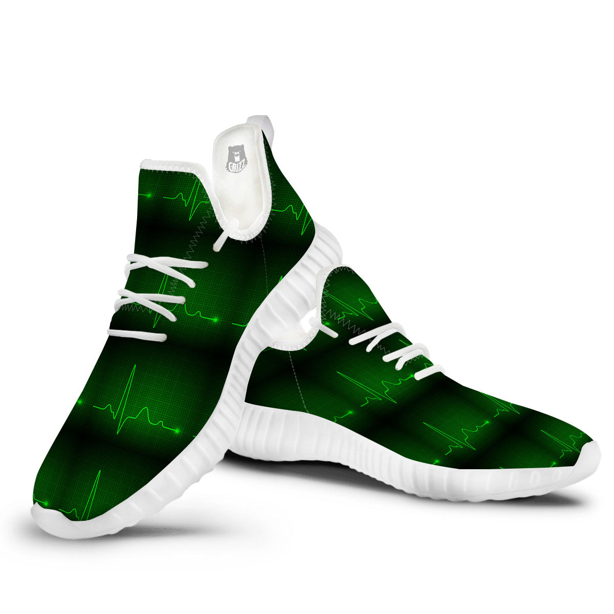 Heartbeat Green Print Pattern White Walking Shoes-grizzshop