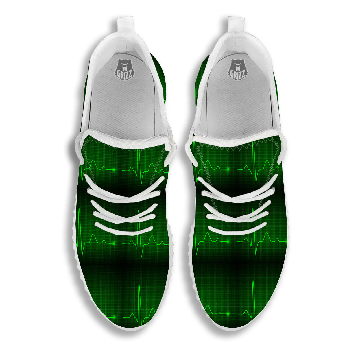 Heartbeat Green Print Pattern White Walking Shoes-grizzshop