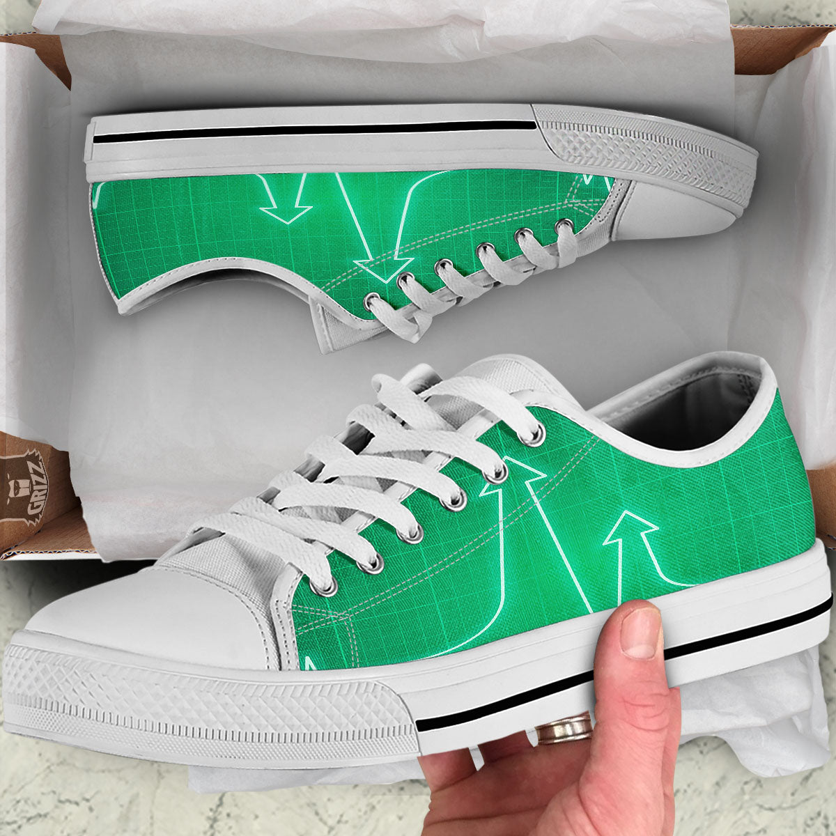 Heartbeat Green Print White Low Top Shoes-grizzshop