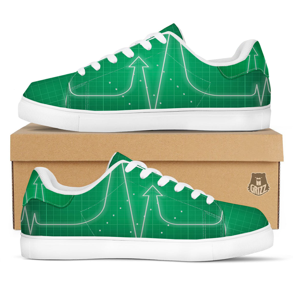 Heartbeat Green Print White Low Top Sneakers-grizzshop