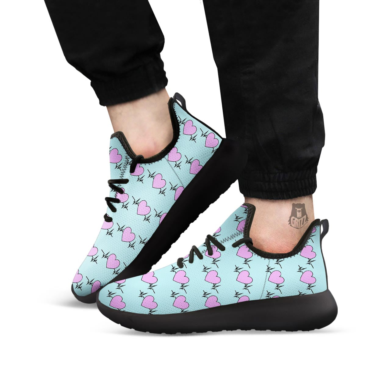 Heartbeat Pink Print Pattern Black Athletic Shoes-grizzshop