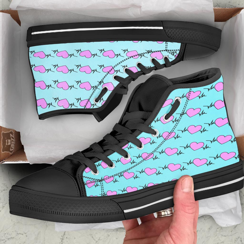 Heartbeat Pink Print Pattern Black High Top Shoes-grizzshop
