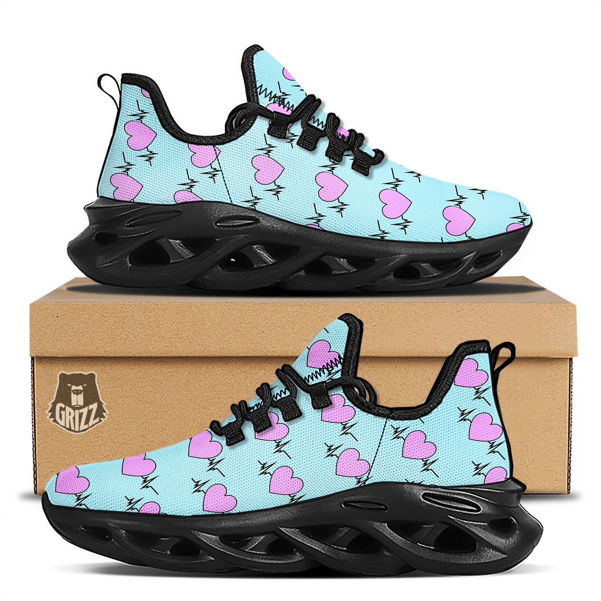 Heartbeat Pink Print Pattern Black Running Shoes-grizzshop