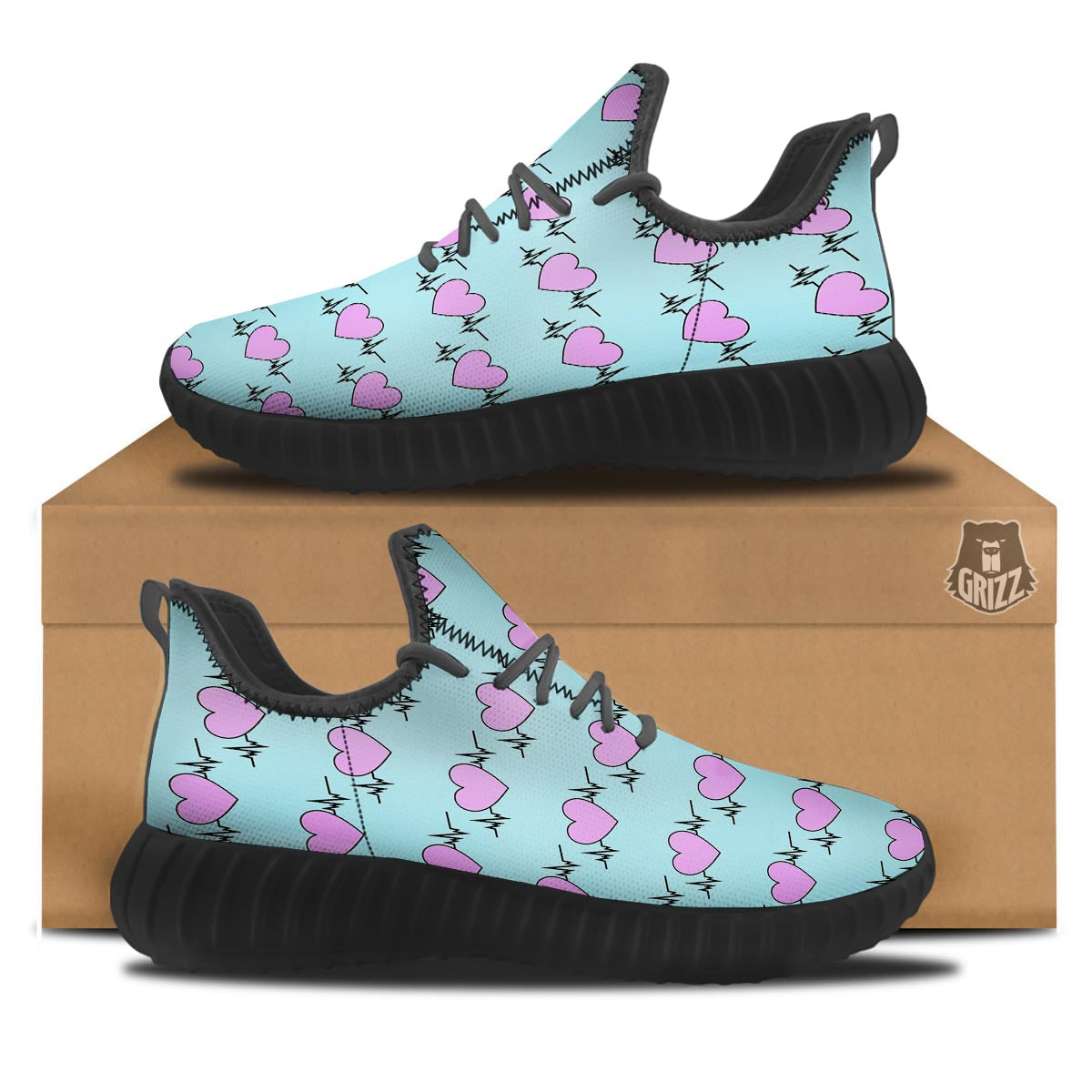 Heartbeat Pink Print Pattern Black Walking Shoes-grizzshop