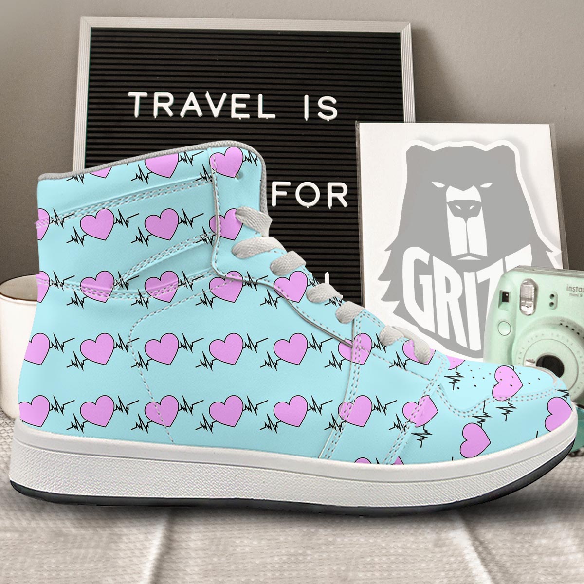 Heartbeat Pink Print Pattern High Top Sneakers-grizzshop