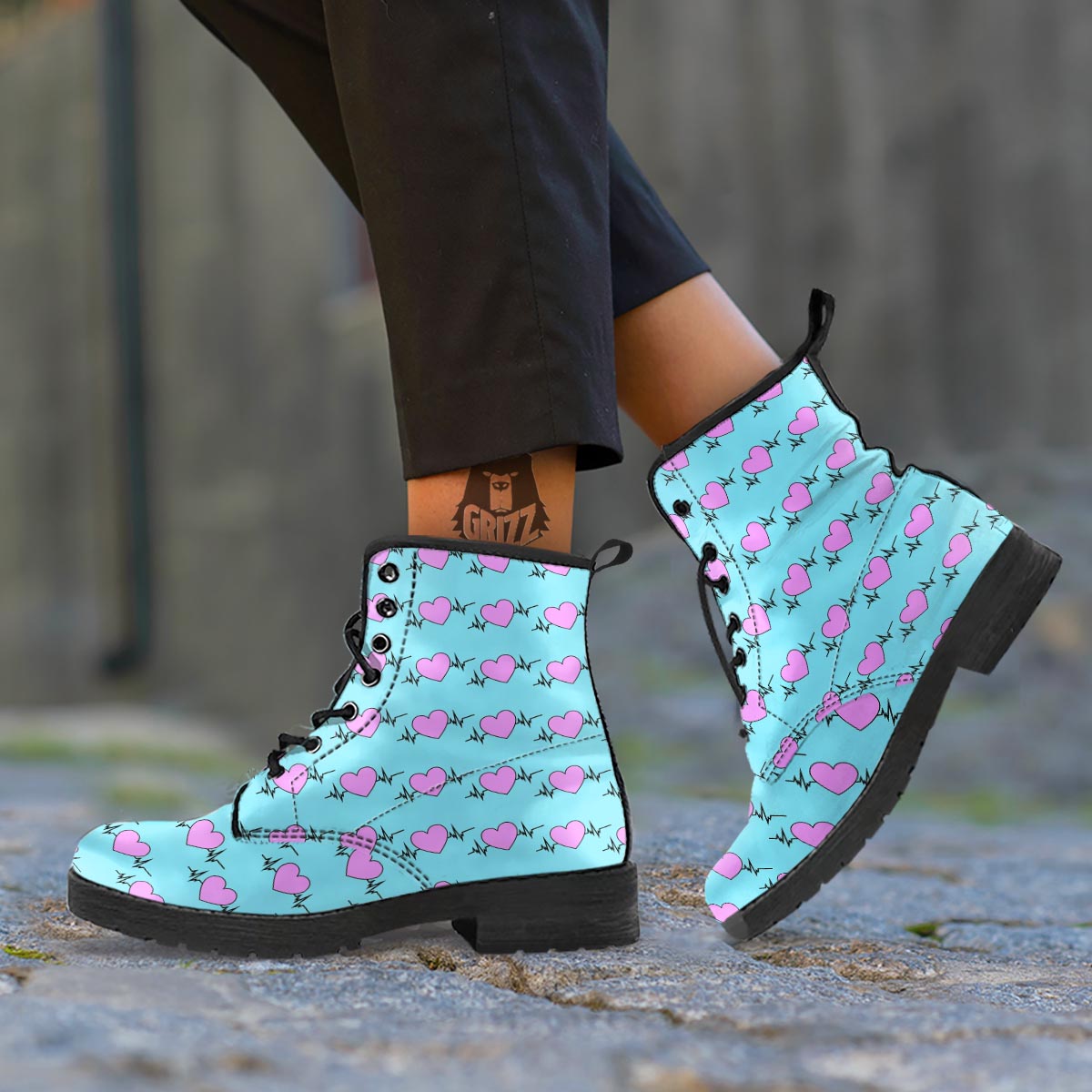 Heartbeat Pink Print Pattern Leather Boots-grizzshop