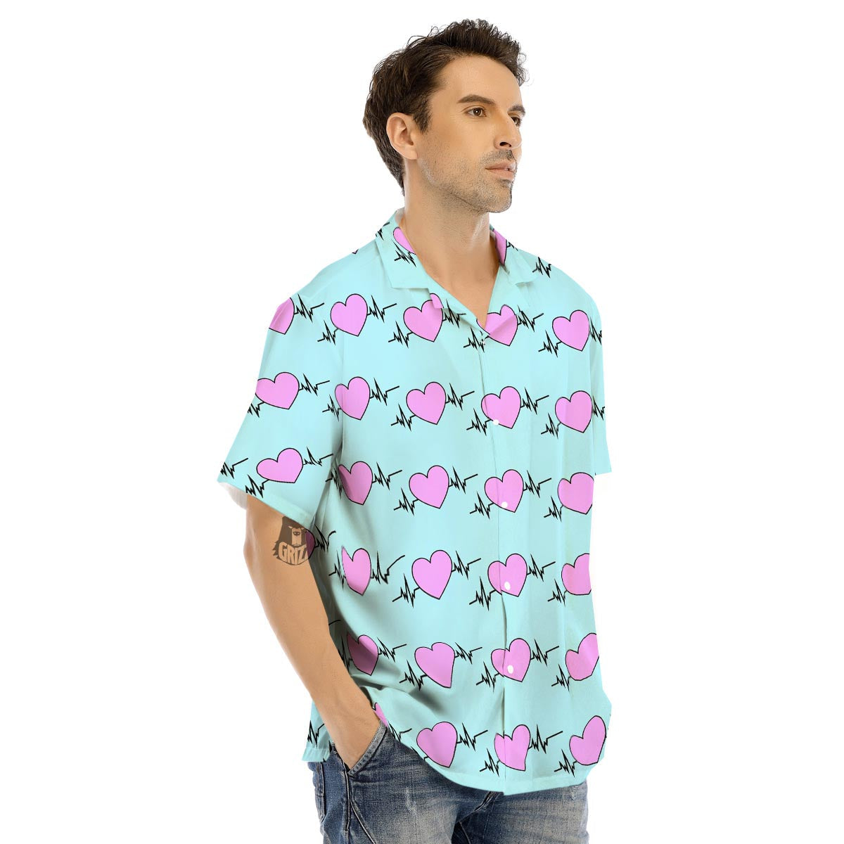 Heartbeat Pink Print Pattern Men's Hawaiian Shirt-grizzshop