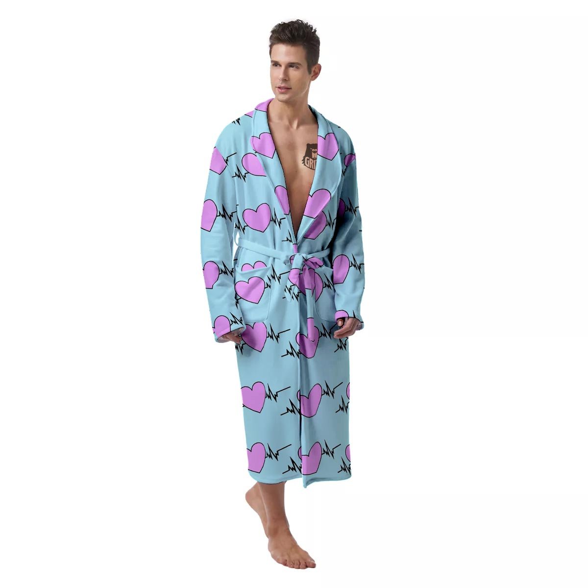 Heartbeat Pink Print Pattern Men's Robe-grizzshop