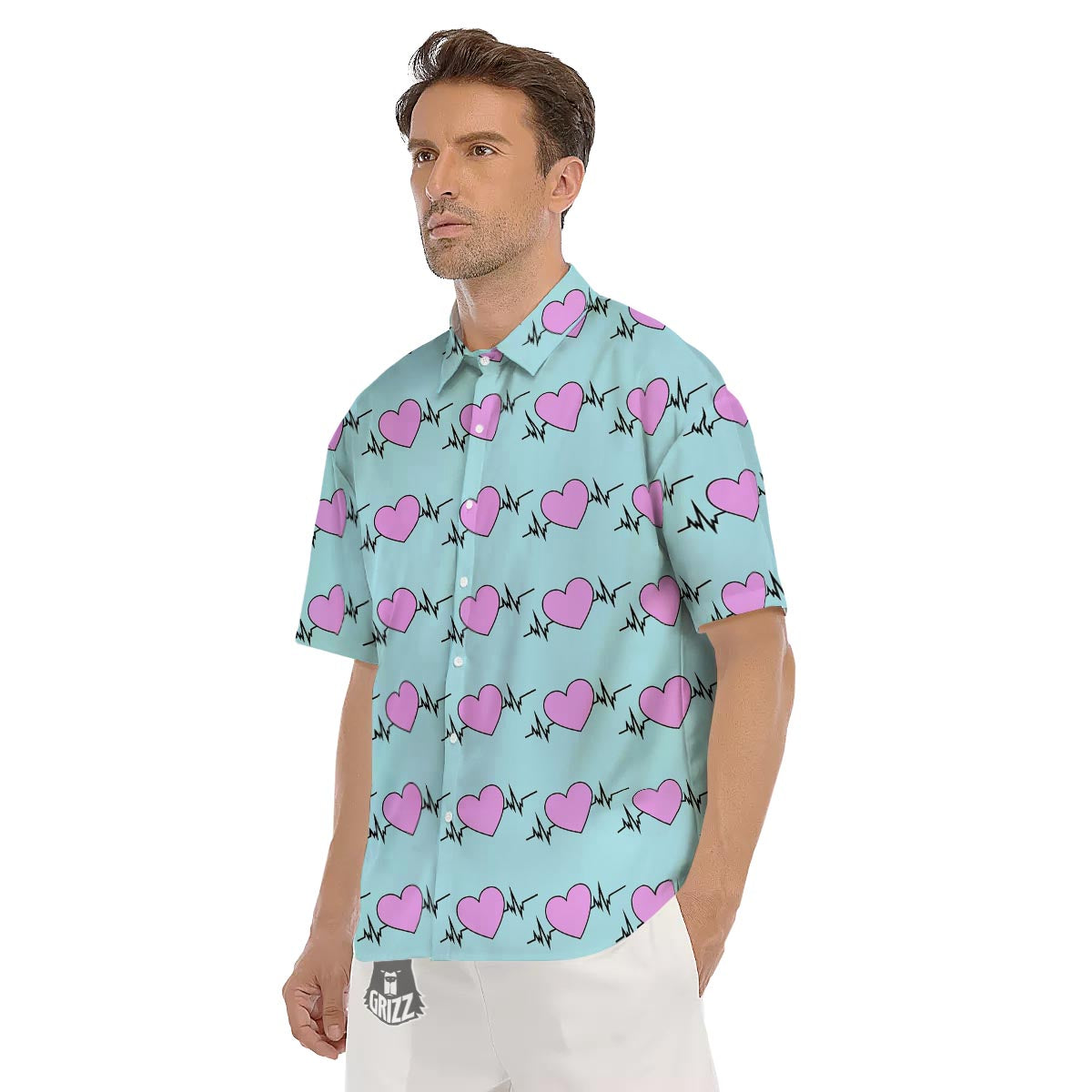 Heartbeat Pink Print Pattern Men's Short Sleeve Shirts-grizzshop