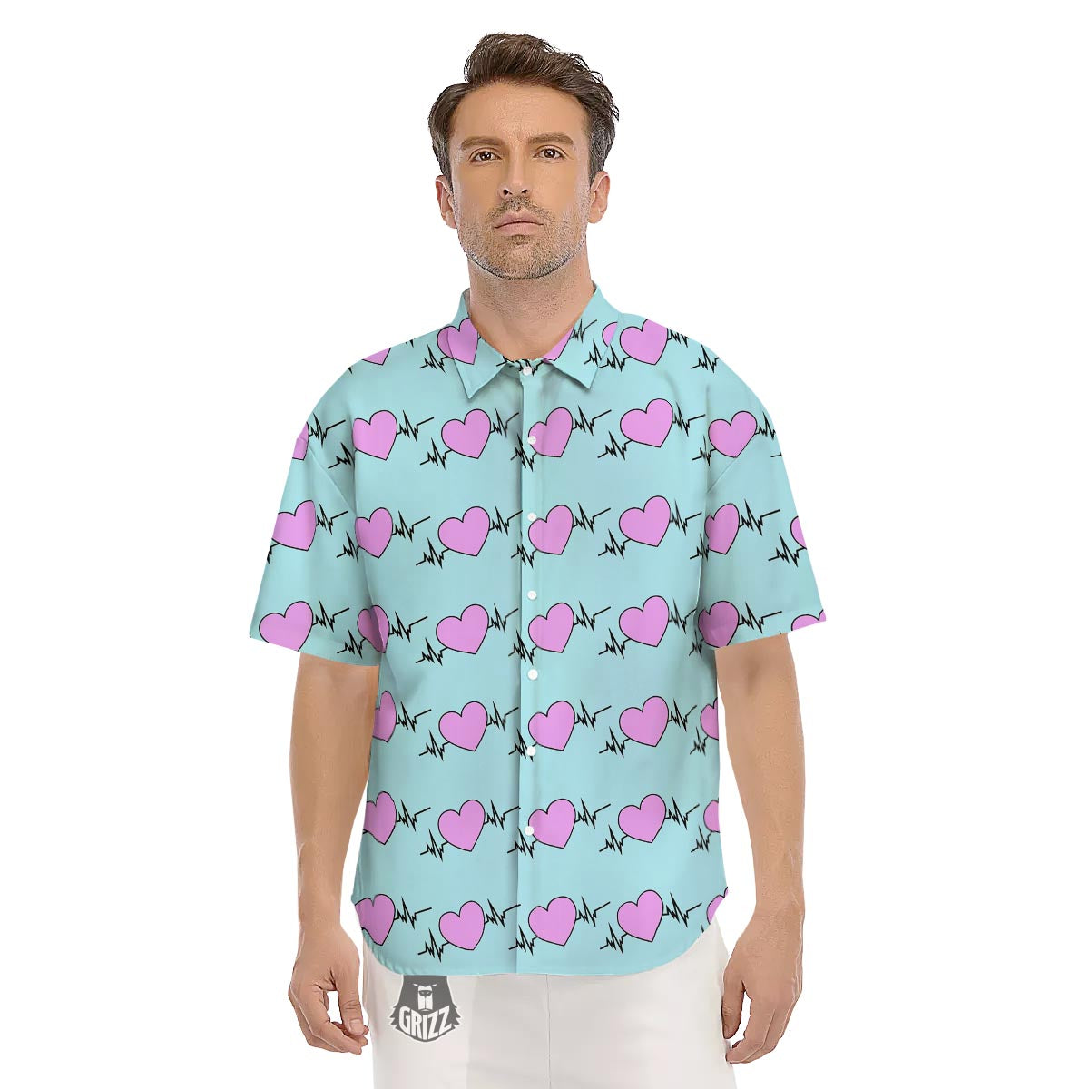 Heartbeat Pink Print Pattern Men's Short Sleeve Shirts-grizzshop