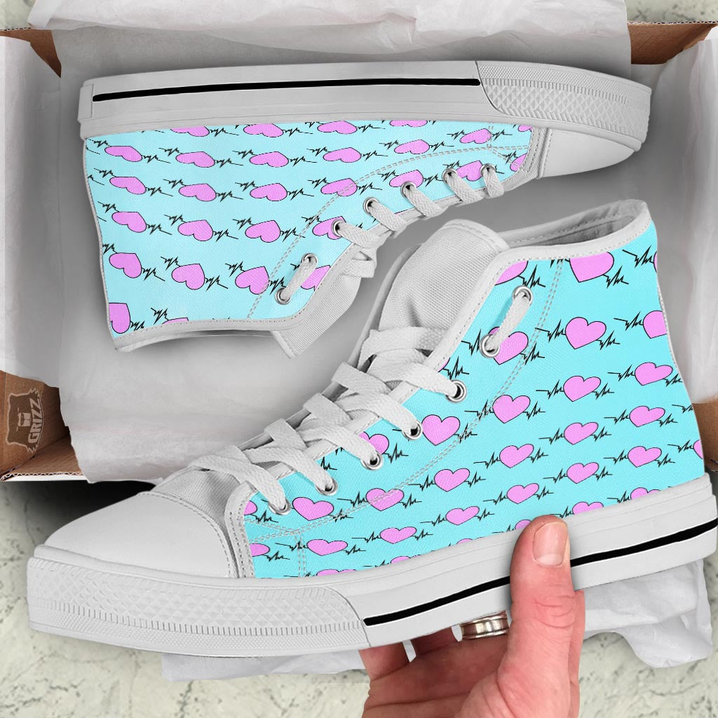 Heartbeat Pink Print Pattern White High Top Shoes-grizzshop