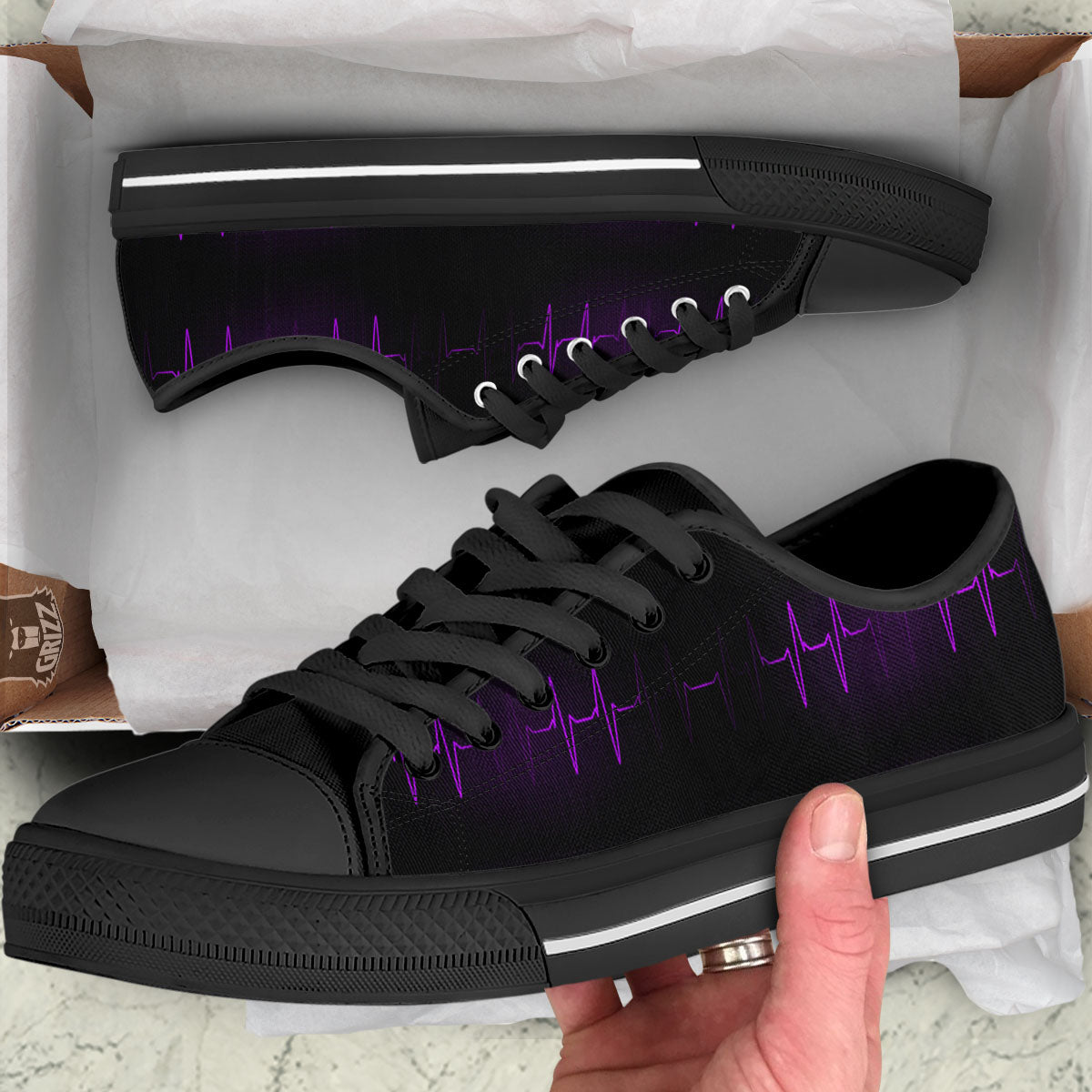 Heartbeat Purple Print Pattern Black Low Top Shoes-grizzshop