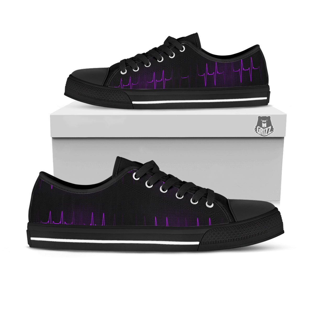 Heartbeat Purple Print Pattern Black Low Top Shoes-grizzshop