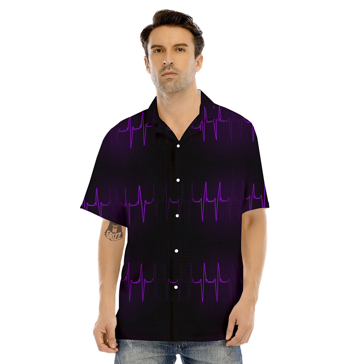 Heartbeat Purple Print Pattern Men's Hawaiian Shirt-grizzshop