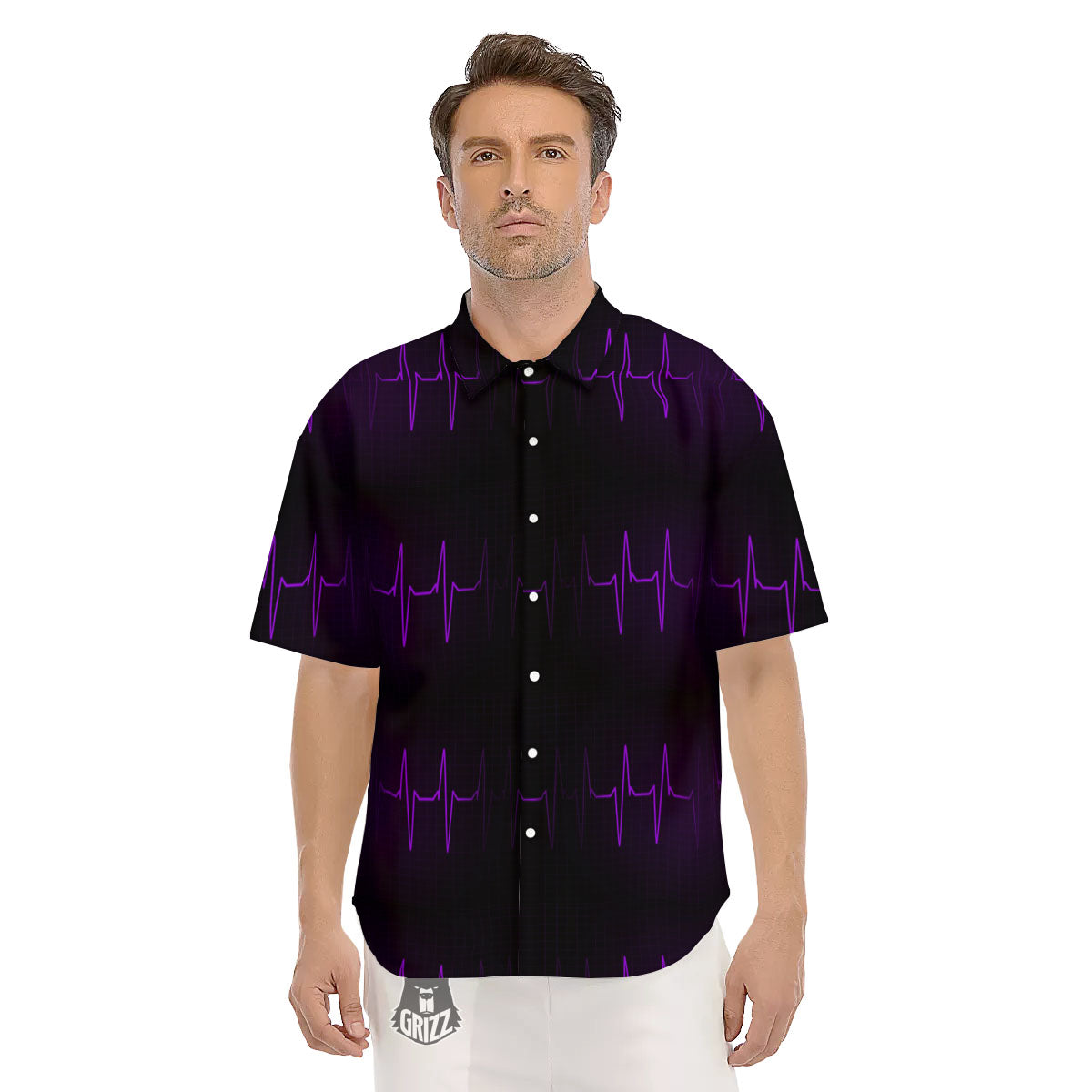 Heartbeat Purple Print Pattern Men's Short Sleeve Shirts-grizzshop
