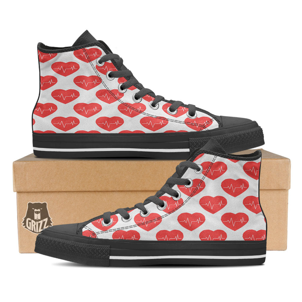 Heartbeat Red Print Pattern Black High Top Shoes-grizzshop