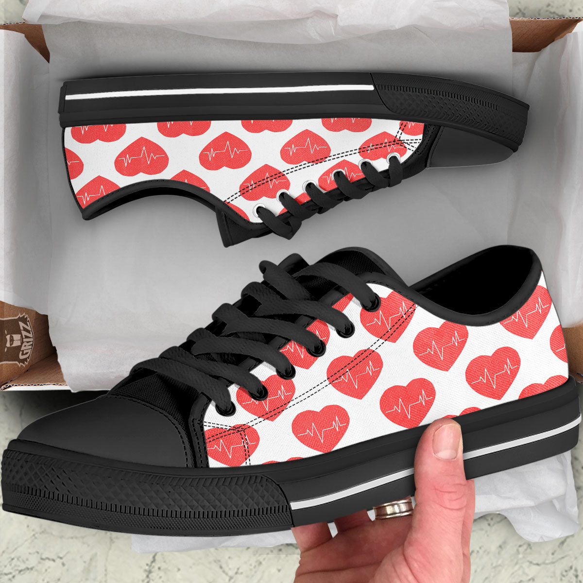 Heartbeat Red Print Pattern Black Low Top Shoes-grizzshop