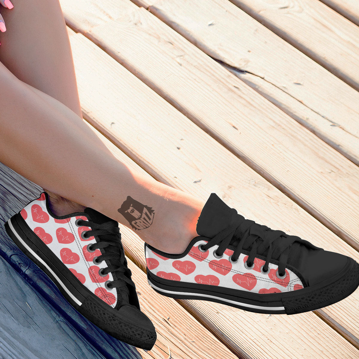 Heartbeat Red Print Pattern Black Low Top Shoes-grizzshop
