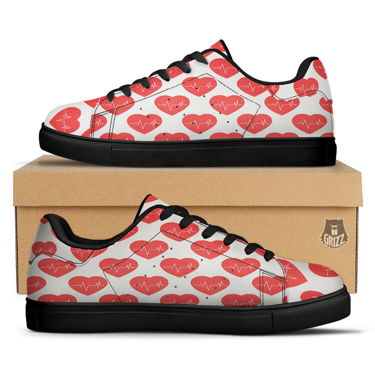 Heartbeat Red Print Pattern Black Low Top Sneakers-grizzshop