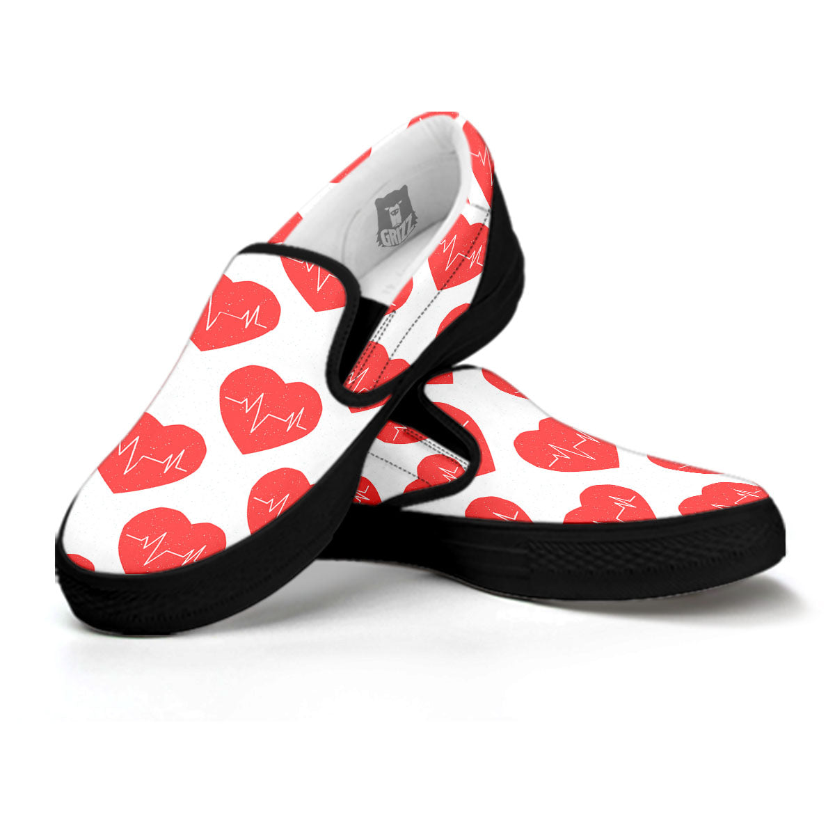 Heartbeat Red Print Pattern Black Slip On Shoes-grizzshop
