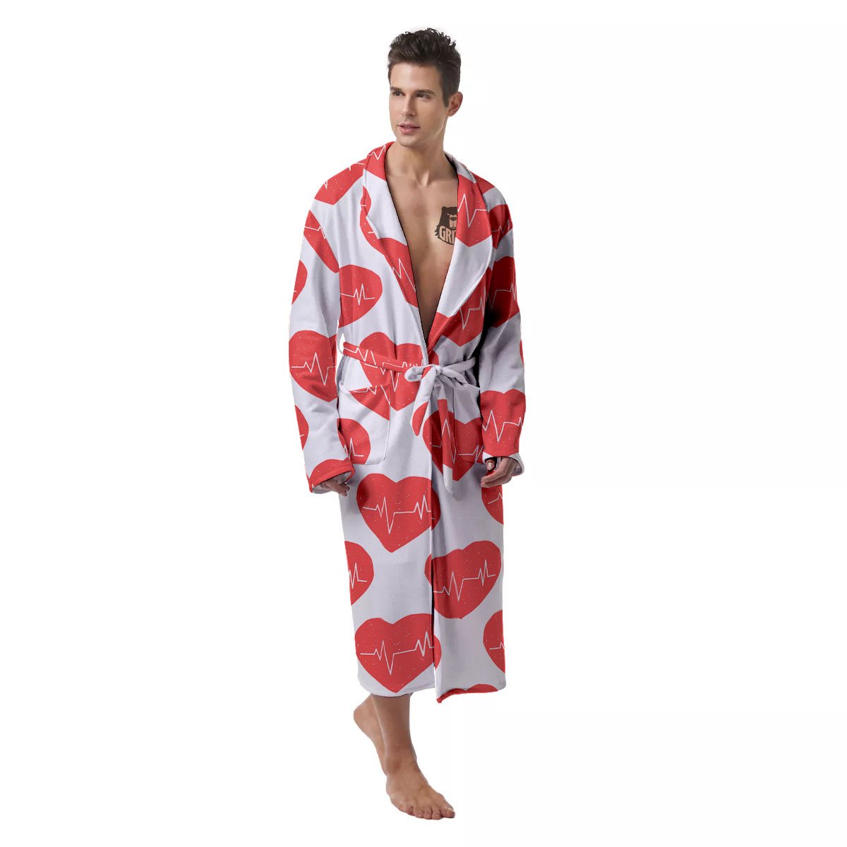 Heartbeat Red Print Pattern Men's Robe-grizzshop