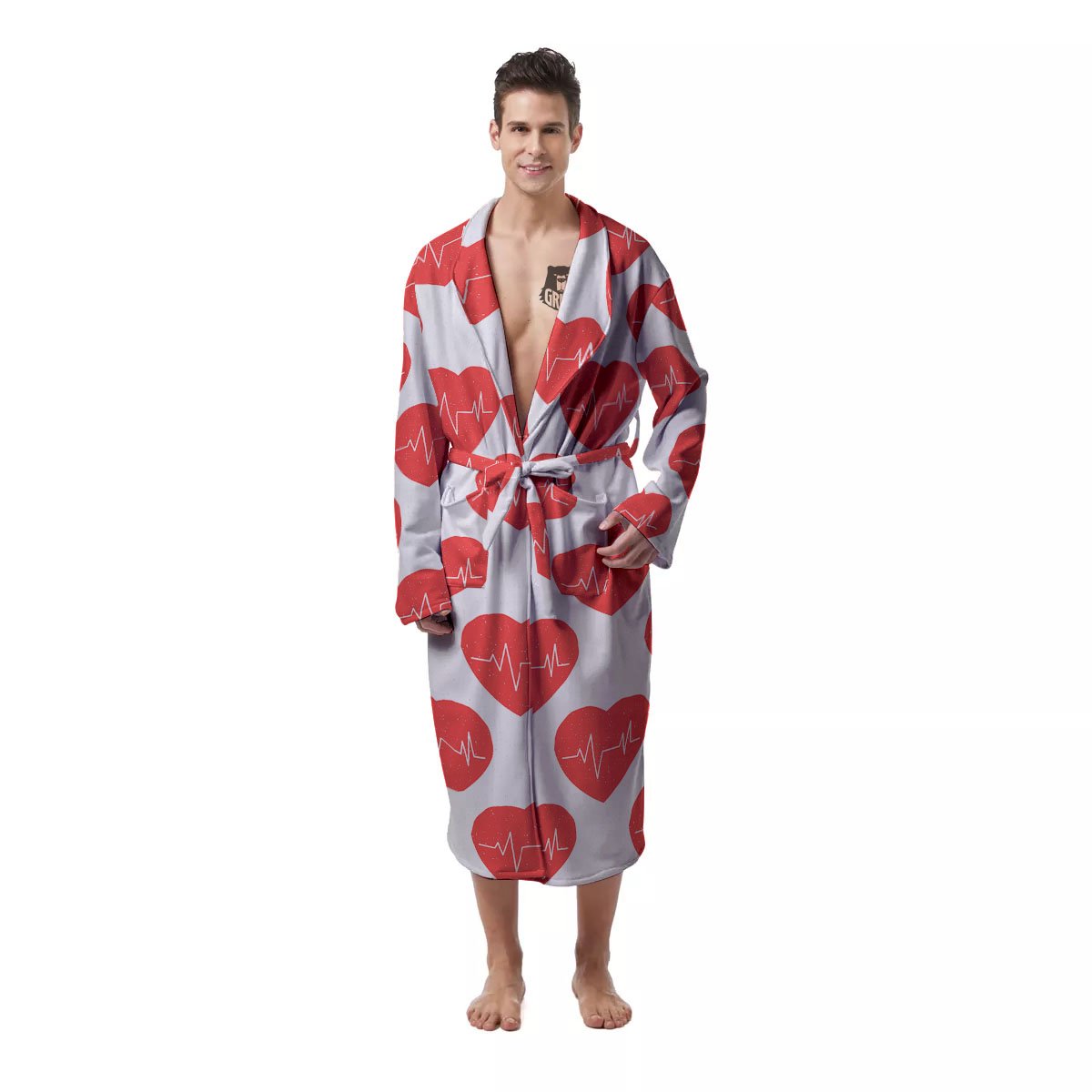 Heartbeat Red Print Pattern Men's Robe-grizzshop
