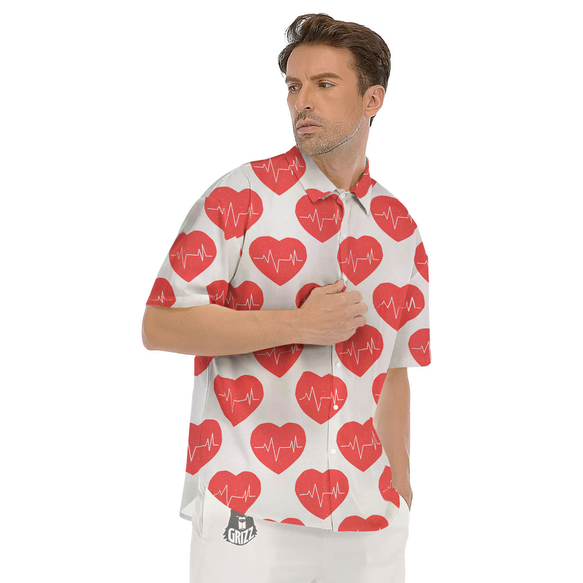 Heartbeat Red Print Pattern Men's Short Sleeve Shirts-grizzshop